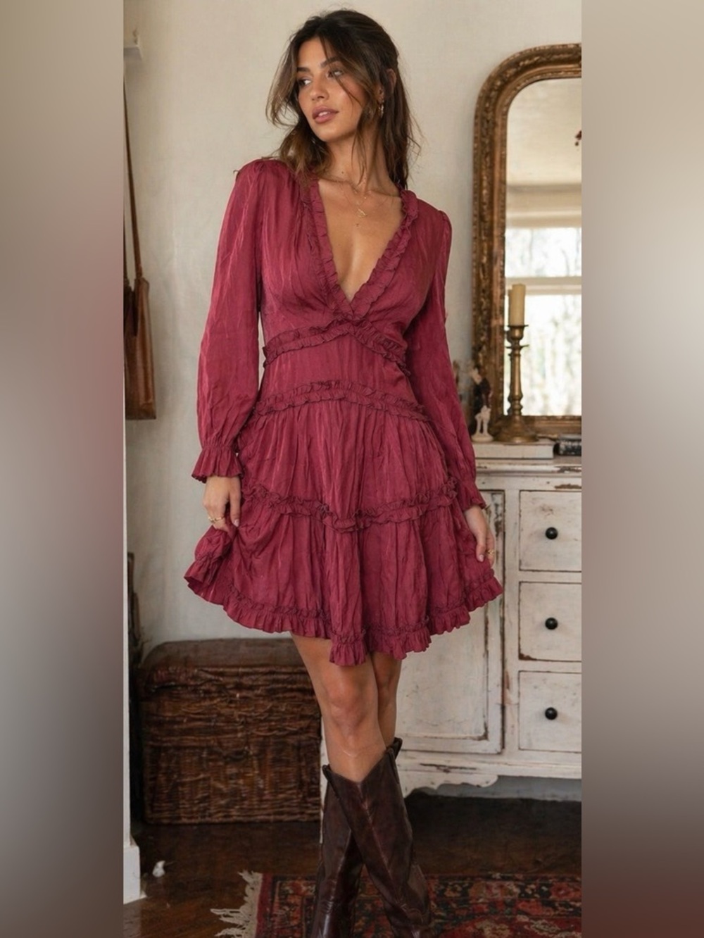MABLE Burgundy Ruffled Mini Dress Boho Romantic Long Sleeve Flowy Deep V | Small